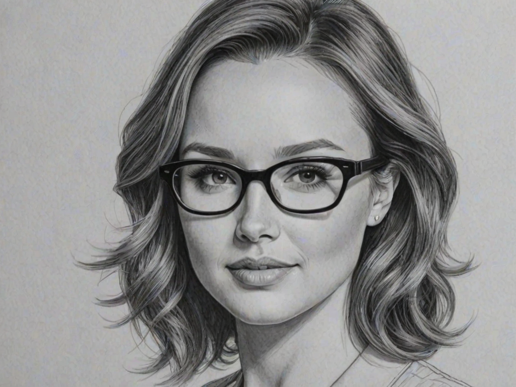 Radiant Camilla Luddington, pencil sketch, portrait of Charming woman 1962s in glasses, hair style beatnik, outline, clear lines, fine lines, 8k