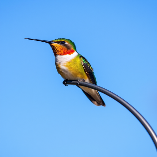 A brightly colored hummingbird perched on a curved metal rod against a clear blue sky, taken with a Canon EOS 5D Mark IV, 100mm lens, aperture f/4, shutter speed 1/2000s, ISO 100, natural light, focus on the bird with a slight bokeh effect in the background.