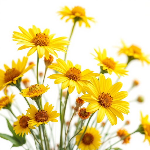 create a watercolor image of a bouquet of yellow flowers with a soft white background, use a Canon EOS R5 camera, 35mm lens, aperture f/2.8, shutter speed 1/250s, ISO 100, natural light, and a soft focus style.