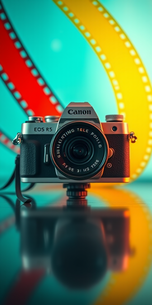 Create a retro-themed illustration of a film camera with film reels and vibrant colored film strips in the background, captured with a Canon EOS R5, 50mm lens, aperture f/1.8, ISO 100, natural lighting, high dynamic range.