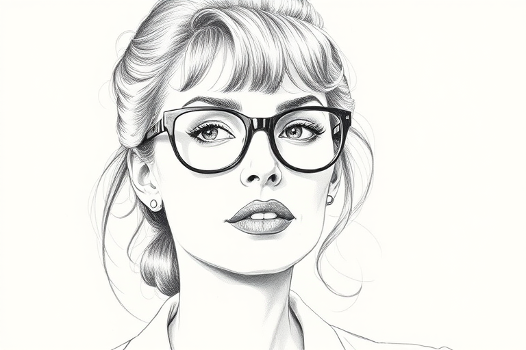 Beautiful Lauren Bacall, pencil sketch, portrait of beautiful woman 60s in glasses, hair style beatnik, outline, clear lines, fine lines, 8k