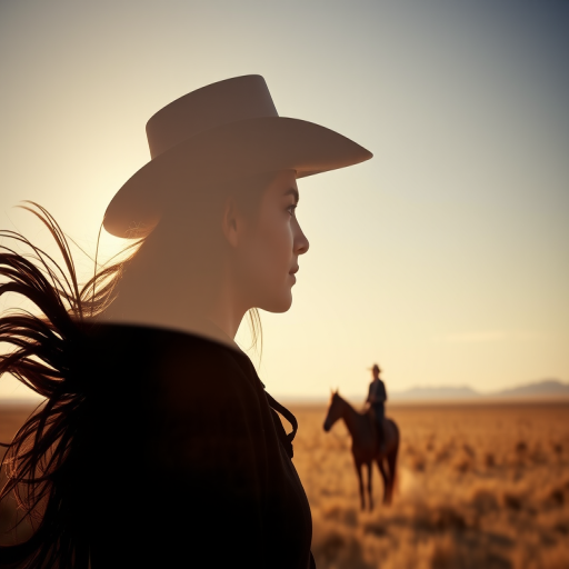 "Create a Double exposure", a silhouette "profile portrait of a young cowgirl" with long hair "superimposed" against a long shot of a cowgirl riding a horse across the plains, fantastic view, 32k, cinematic, hyper-realistic.