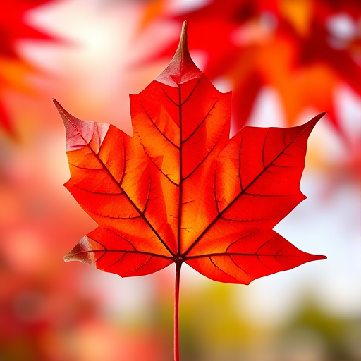 Create a vibrant polygonal representation of a maple leaf with varying shades of red, using a DSLR camera with a 50mm lens, aperture f/2.8, ISO 100, shutter speed 1/200s, in a brightly lit studio setting with a shallow depth of field.
