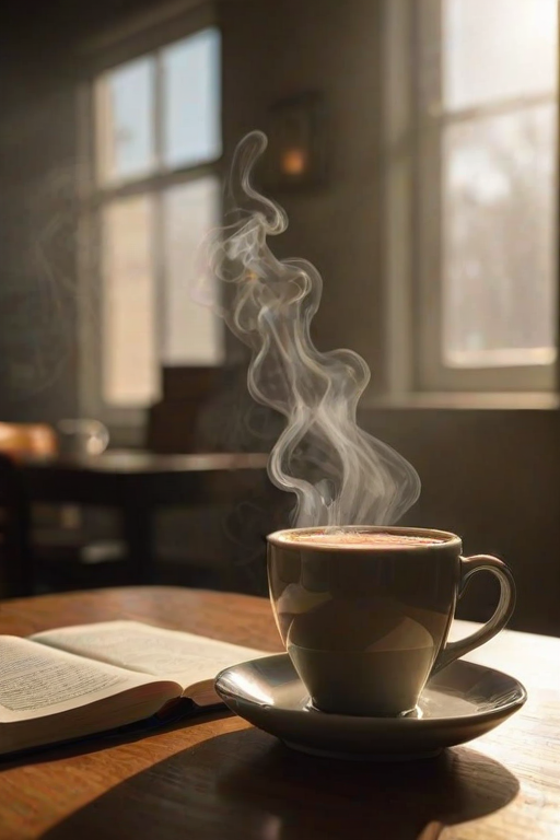 Sharp, detailed image of a freshly brewed cup of coffee on a cafetable, steam rising from the surface, sunlight streaming through the window, soft shadows cast on the table, a book and pair of reading glasses resting nearby, the smell of fresh coffee lingering in the air.