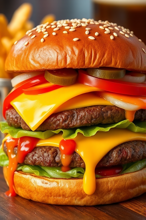 High-resolution, close-up image of a gourmet double cheeseburger. The burger features a glossy, sesame-seed-topped brioche bun. Inside, there are two thick, juicy beef patties, each topped with melted cheddar cheese. The burger is garnished with fresh lettuce, tomato slices, diced onions, and pickles. A generous amount of ketchup and a creamy, orange-colored sauce is dripping down the sides, adding to the mouth-watering appeal. In the background, there are blurred elements including a side of golden French fries and a hint of a beverage, enhancing the overall presentation of a delicious meal.