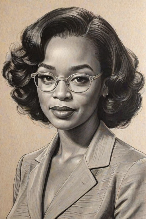 Resplendent Shonda Rhimes, pencil sketch, portrait of Magnificent woman 1940s in glasses, hair style beatnik, outline, clear lines, fine lines, 8k