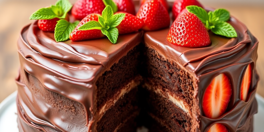 A rich chocolate cake with multiple layers showcasing a thick chocolate frosting topped with fresh strawberries and mint leaves, with a slice cut out to reveal the moist interior and chocolate filling.