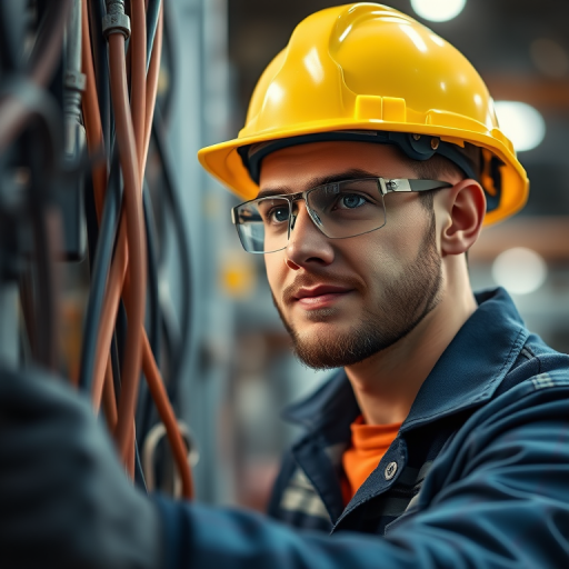 portrait of an electric technician wearing a hard hat and safety glasses working with electric wires in an industrial setting, 50mm lens, f/1.8 aperture, ISO 200, shallow depth of field, natural lighting, DSLR camera