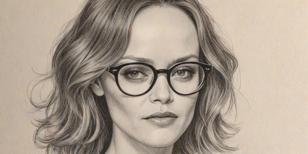 Superb Vanessa Paradis, pencil sketch, portrait of Ravishing woman 1933s in glasses, hair style beatnik, outline, clear lines, fine lines, 8k