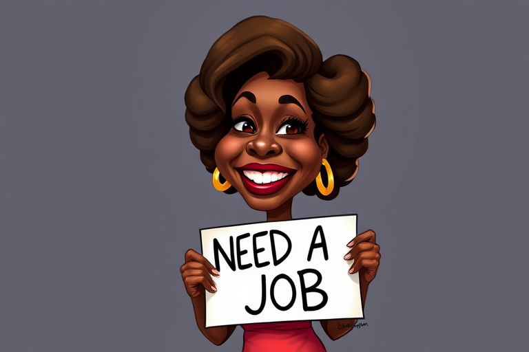caricature of a smiling Viola Davis in a Carmine dress or suit, holding up a sign that says "NEED A JOB", no watermark,