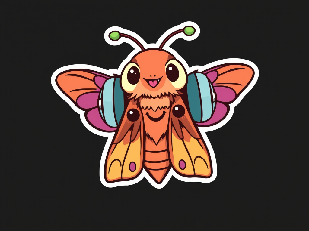 this image is sticker, Happy Colorful Moth wearing Headphones, kawaii, contour, vector, black background