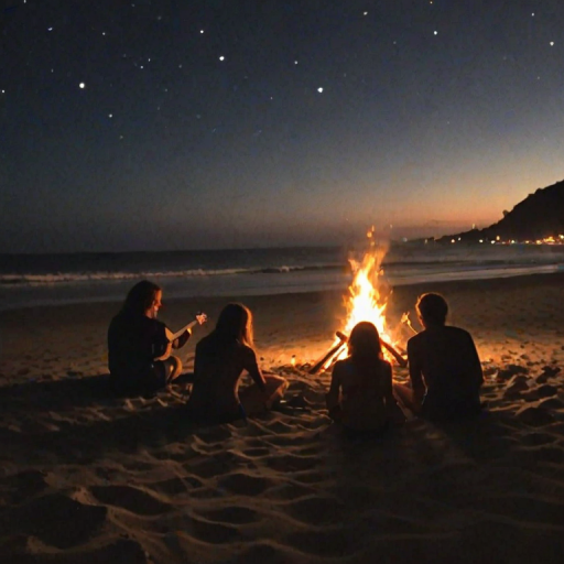 Blurry night shot, beach bonfire with a group of friends gathered around, laughter frozen in time, flames casting warm light on their faces, ocean waves barely visible in the background, surfboards stuck in the sand, someone holding a guitar, stars twinkling faintly in the clear sky.