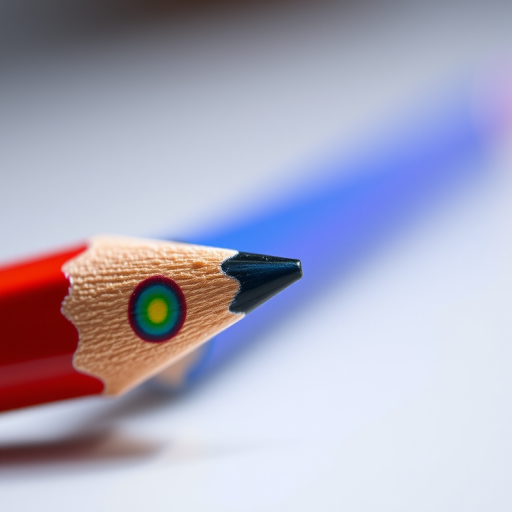 Create an image of a vibrant pencil with a colorful bokeh design on its body, shot at a close-up angle, using a DSLR camera with a 50mm lens at f/1.8, ISO 100, and a shutter speed of 1/200s for enhanced sharpness and depth of field.