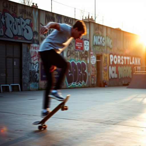 Blurry action shot of a skateboarder performing a trick in an urban skate park, graffiti-covered walls in the background, soft golden hour light casting long shadows on the pavement.