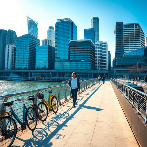 Create a high-resolution image of a pedestrian walking on a bridge with a modern cityscape in the background, showcasing bicycles parked along the waterfront, captured with a DSLR camera, aperture f/8, shutter speed 1/250s, ISO 200, in vibrant morning light, wide-angle view.