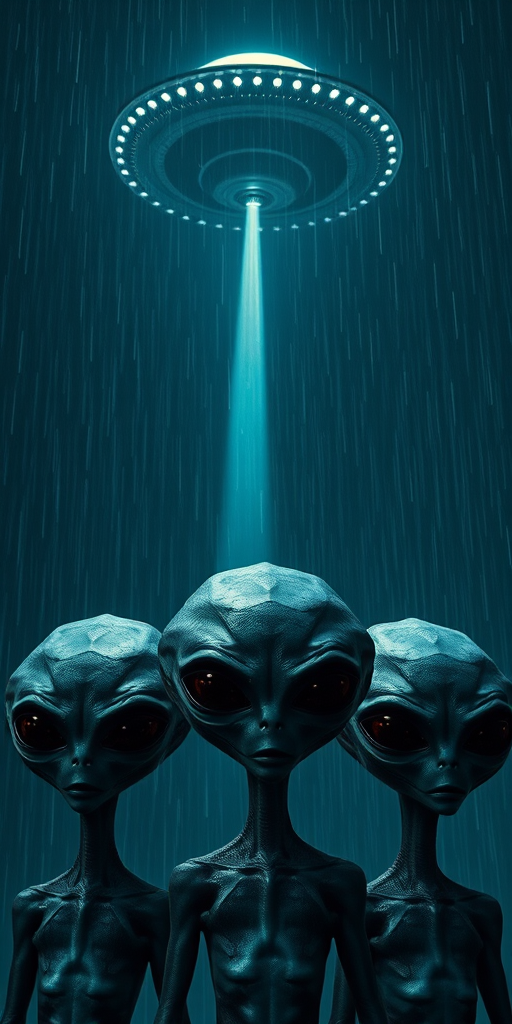 Create a high-resolution image of three extraterrestrial beings with large heads and dark eyes under a rainy night sky, with a UFO hovering above emitting a bright beam of light, captured with a Canon EOS R5 at f/1.8, ISO 100, 24mm lens, in a low-angle shot, using a cinematic style for dramatic lighting and depth.