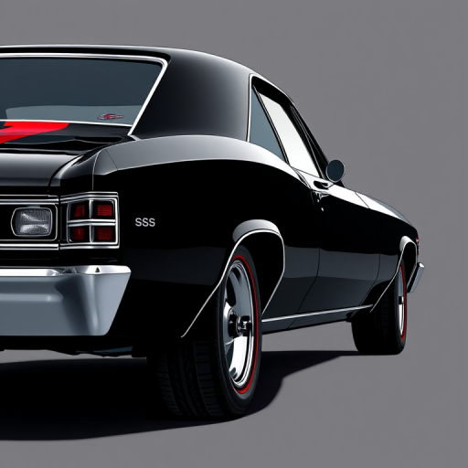 Create a high-resolution illustration of a 1967 Chevrolet Chevelle SS, showcasing a black exterior with a red stripe, side view, using a digital art style, simulating a DSLR camera with a 50mm lens, f/2.8 aperture, and high saturation for vibrant colors.
