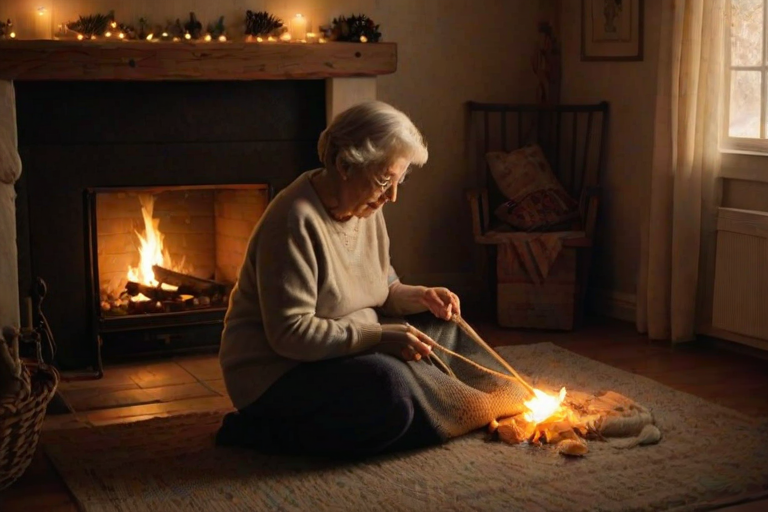 Warm, softly lit image of a grandmother knitting by a crackling fireplace, soft glow from the fire casting long shadows on the walls, with the smell of pine filling the cozy room.