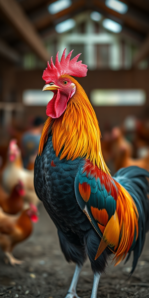 A vibrant rooster with multicolored feathers standing proudly in a barn, with a soft-focus background of chickens, taken with a Canon EOS 5D Mark IV, 50mm lens, f/1.8, ISO 100, natural lighting, shallow depth of field.