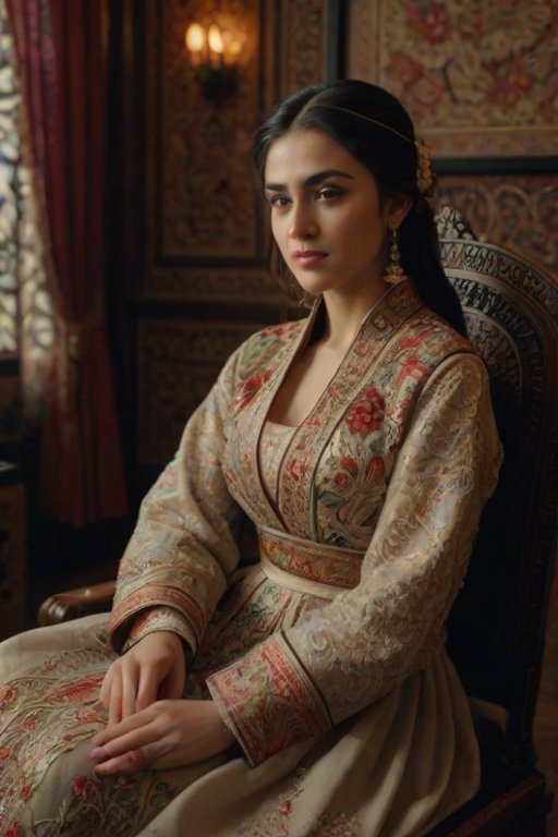 A beautiful Armenian woman in traditional East Asian attire, intricately detailed with embroidered patterns, sitting gracefully in a richly decorated room, soft ambient lighting, serene and elegant, ultra-realistic, 8K resolution