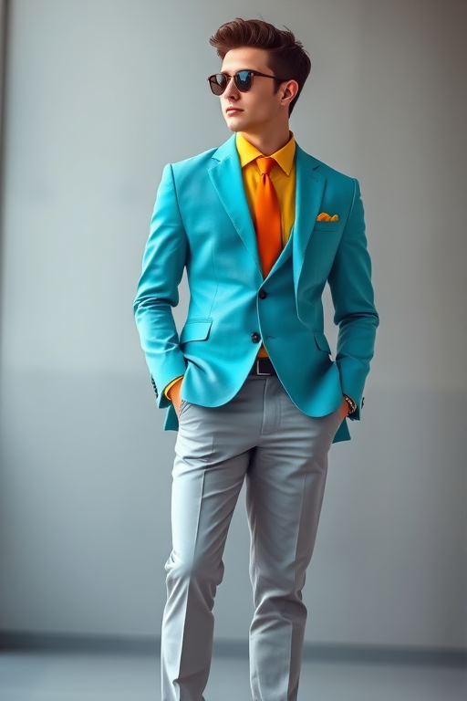 Create an illustration of a stylish young man standing confidently in a tailored turquoise blazer, light gray trousers, a yellow shirt, and a bright orange tie, wearing sunglasses, with a soft blurred background in a minimalist style, using a DSLR camera with a 50mm lens at f/1.8 and ISO 100 for sharp focus and vivid colors.