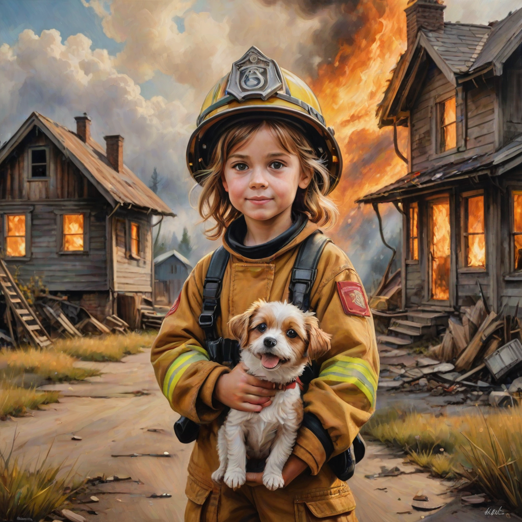 airbrushed oil painting, pixar style, cute little girl in fireman gear, helmet, tousled hair, expressive eyes, standing in the doorstep of a cottage burning behind him, holding a cute little dog in her arm, atumn sky