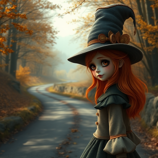 digital art fantasy depicting a strange girl with orange hair, long eyelashes, brown lipstick and a tall hat walking along a winding road on an autumn afternoon, an Oyster smiles as she passes