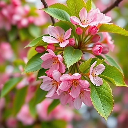 Capture a detailed close-up of a flowering chestnut tree with vibrant pink blossoms and lush green leaves, using a DSLR camera, 50mm lens, aperture f/2.8, ISO 100, and soft focus background for enhanced clarity and depth.