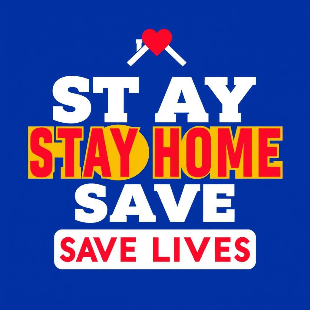 Create a vibrant, high-resolution graphic featuring the text "STAY HOME SAVE LIVES" in bold, modern typography, with an icon of a house and a heart above it, using a deep blue background, captured in a digital format with a Canon EOS R5, 50mm lens, f/2.8 aperture, and optimal lighting for clarity and color contrast.