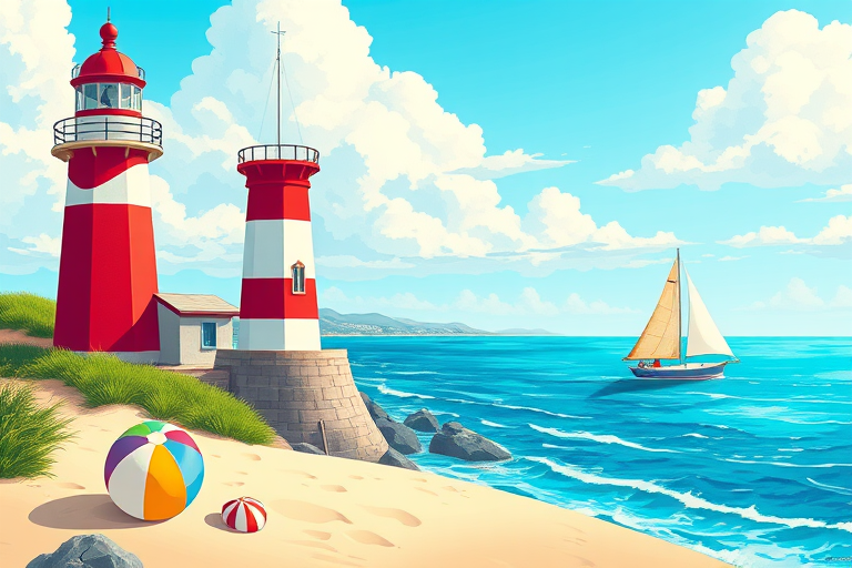 Create a vibrant illustration of a coastal scene featuring a red and white lighthouse, a sailing boat on the ocean, a colorful beach ball on the sand, and fluffy clouds in a bright blue sky, using a digital canvas style with high resolution 300 DPI, wide-angle perspective, and soft lighting for an inviting atmosphere.