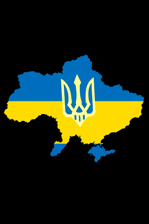 Create a high-resolution digital illustration of the map of Ukraine featuring its national colors blue and yellow, prominently displaying the trident emblem, set against a solid black background, captured with a DSLR camera, aperture f/8, ISO 100, with a tilt-shift lens effect for a unique perspective and enhanced color depth.