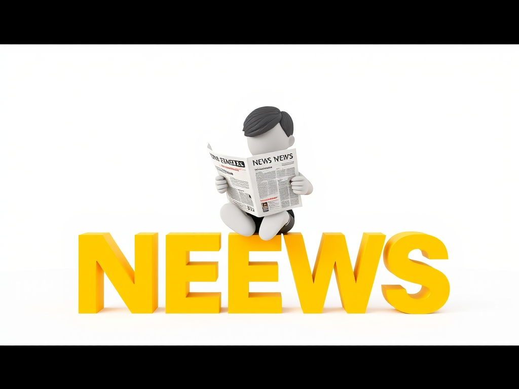 Create an image of a 3D character reading a newspaper while sitting on large, bright yellow letters spelling "NEWS," with a white background, using a Canon EOS R5 camera with an aperture of f/2.8, shutter speed of 1/125s, ISO 100, and a wide-angle lens to enhance image clarity and depth.
