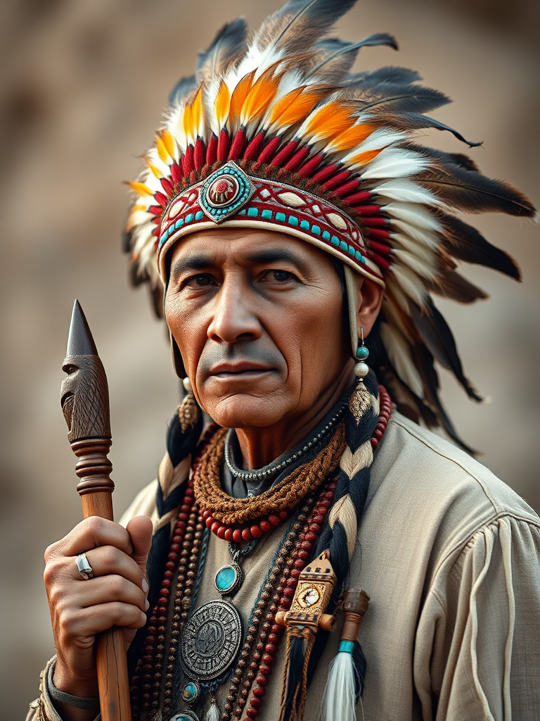 Portrait of a Native American man wearing a feathered headdress, holding a wooden staff, with intricate beadwork and jewelry, set against a soft, blurred background, captured with a Canon EOS R5, 50mm lens, f/1.8 aperture, ISO 100, in natural light for high detail and vibrant colors.