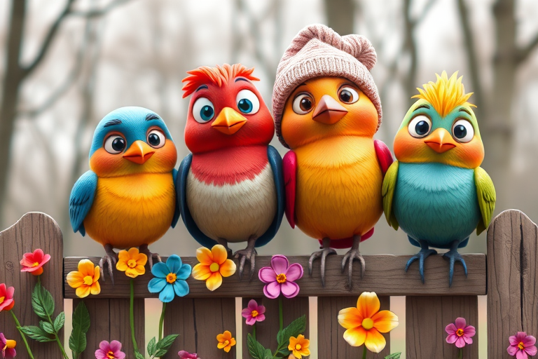 create a scene of 4 quirky  whimsical colourful comical birds each with a funny expression. they are sat on a wooden fence with colourful flowers. they are all different sizes. each one is a different colour  one is wearing a woolly hat. Each one has a different quirky google expression and there is a muted background of trees watercolour paintierly style high definition 8k resolution 3D paper mache