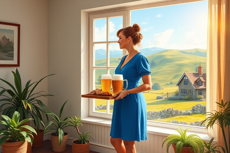 In "A Glass of Beer on the Highland," a serene scene is depicted in a sunlit room where a woman in a vibrant blue dress stands by a large window. She holds a tray with a hearty meal and a frothy glass of beer, embodying a moment of relaxation. Outside, the breathtaking highland landscape features rolling green hills and a charming traditional house, all bathed in warm afternoon light. The interior is adorned with potted plants, creating a harmonious blend of comfort and nature. The painting beautifully captures the tranquility and joy found in simple pleasures amidst stunning scenery