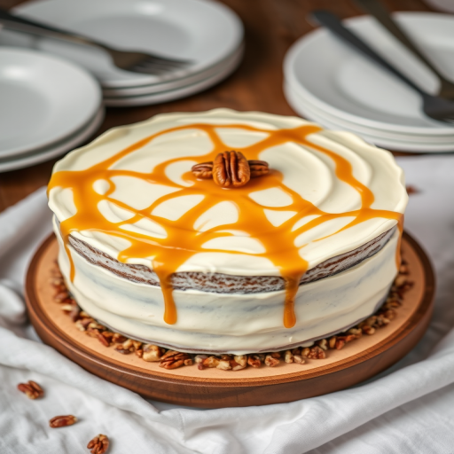 Create an image of a round layered cake with a smooth cream frosting decorated with swirls on top and a single pecan in the center. The cake sits on a wooden cake stand and has a border of chopped pecans around the base. Drizzle caramel sauce over the top, and place the cake on a white cloth background with some plates and utensils in the blurred background.