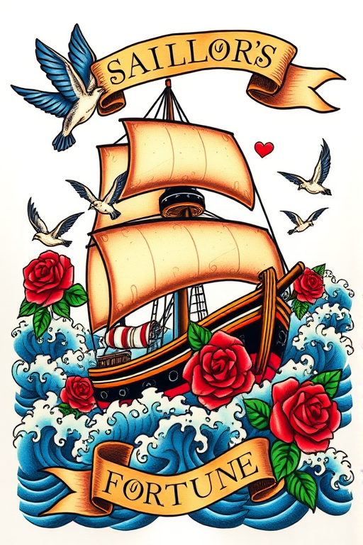 Colorful traditional American tattoo titled "Sailor's Fortune" depicting a bold ship sailing through stormy seas with vibrant roses, swallows, and a banner, utilizing thick outlines and saturated primary colors