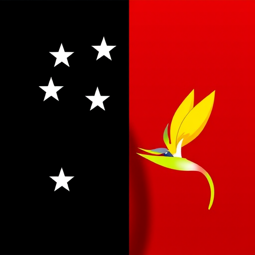 Generate an image of the national flag of Papua New Guinea featuring a black field with five white stars on the left side and a vibrant red field with a yellow bird of paradise on the right side, shot with a Canon EOS R5 using a 50mm f/1.2 lens at ISO 100, aperture f/5.6, and a 1/200 second shutter speed for high clarity and color contrast.