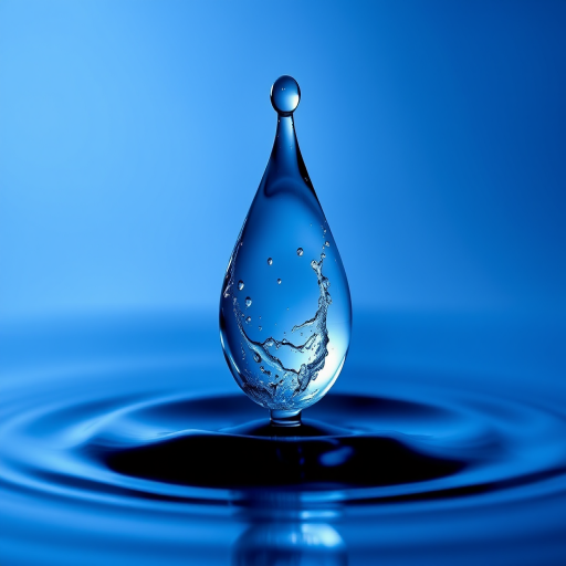 Create a high-resolution image of a blue water droplet in the shape of a teardrop, with water splashes inside, set against a smooth gradient background, captured with a Canon EOS 5D Mark IV at f/8, ISO 100, shutter speed 1/200s, using a macro lens with soft diffused lighting.