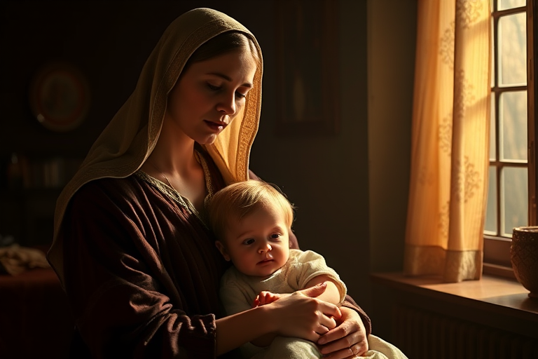 Create a high-resolution digital painting in the style of a 17th-century masterpiece featuring a mother and a child in a dimly lit room with soft, warm lighting, using a Canon EOS R5 with a 50mm f/1.2 lens at ISO 100, aperture f/1.2, and a shutter speed of 1/60 seconds, focusing on rich textures and dramatic shadows.