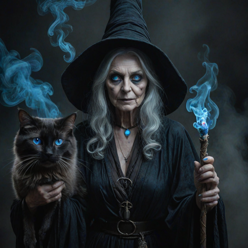 Close-up of a mysterious old crone female witch and her cat made of blue smoke are standing in the dark cackling evilly at the viewer. The smoke is a deep blue, and the background is black. The crone is wearing a long, flowing robe and has a pointed hat on her head. She is holding a staff in one hand and has a mischievous look on her face. The cat is sitting at her feet, looking up at her with glowing blue eyes. The smoke around them is swirling and shifting, as if it has a life of its own. The overall effect is eerie and magical.