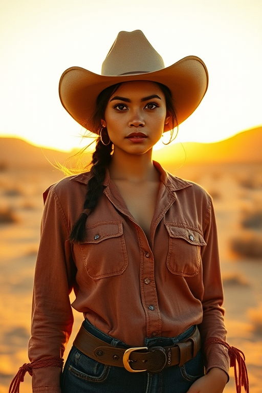 Dramatic photo of a beautiful Malay woman, classic cowboy attire, confident and free spirit expression, half-length portrait, centered, golden hour desert landscape, warm, diffused light, low angle, medium format film camera, in style of Annie Leibovitz.