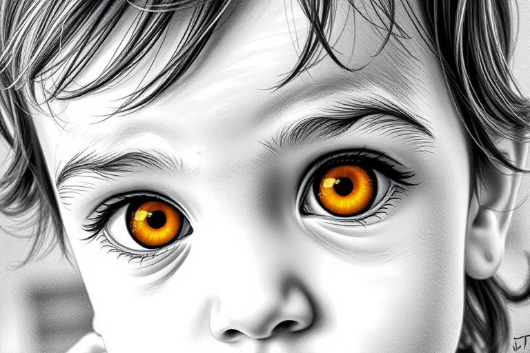 A hyperdetailed photorealistic black and white sketch of a beautiful toddler with deep Yellow eyes, with a macro focus
