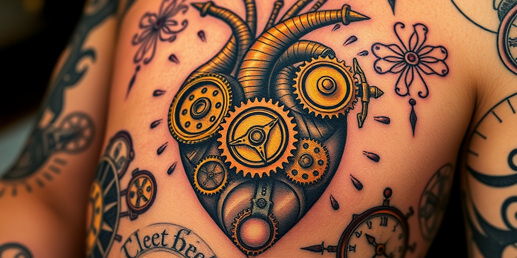 Steampunk tattoo titled "Clockwork Heart" showcasing an intricate mechanical heart with gears, cogs, and brass components, blending Victorian-era aesthetics with futuristic elements in a unique and imaginative design