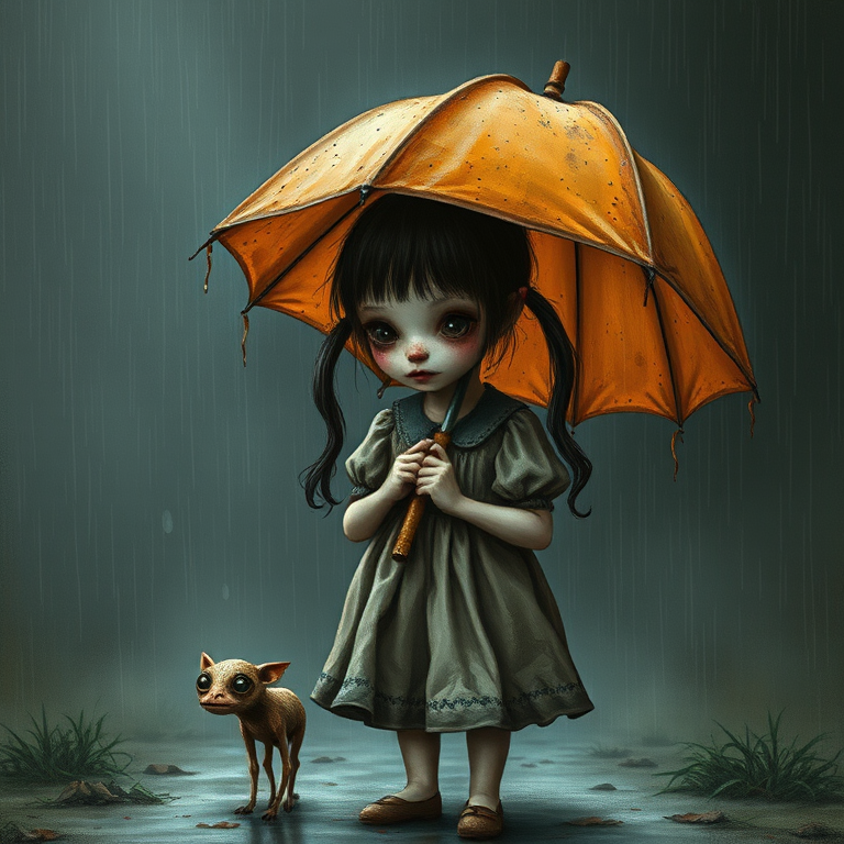 An eerie, weird little girl with dark hair in thin pigtails, wearing a smock dress, standing in the rain, holding a dirty orange umbrella, a small, odd creature beside her. In a surreal style inspired by Nicoletta Ceccoli and Brian Froud. Dark fantasy themes
