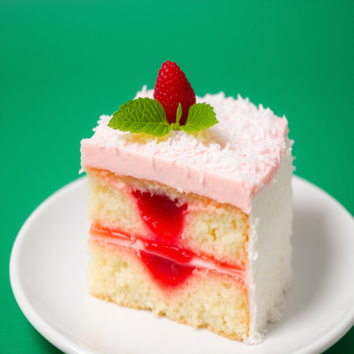 A delicious layered cake with a base of fluffy white cake topped with vibrant red gelatin and a creamy pink frosting covered in shredded coconut garnished with a fresh raspberry and mint leaf served on a white plate with a green background.