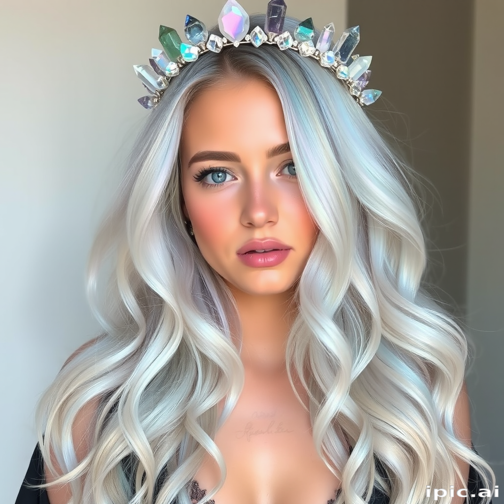Ethereal opal hair featuring a blend of iridescent pastel hues that shift and change in different lighting, styled in loose waves with a crown of delicate crystals, embodying otherworldly beauty named Prismatic Aura
