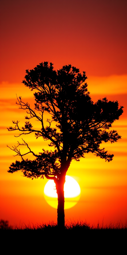 Create an abstract black silhouette of a tree against a bright, colorful sunset background with vibrant hues of orange, pink, and purple, captured with a Canon EOS R5, 35mm lens, f/1.8 aperture, ISO 100, and a warm color filter to enhance image quality.