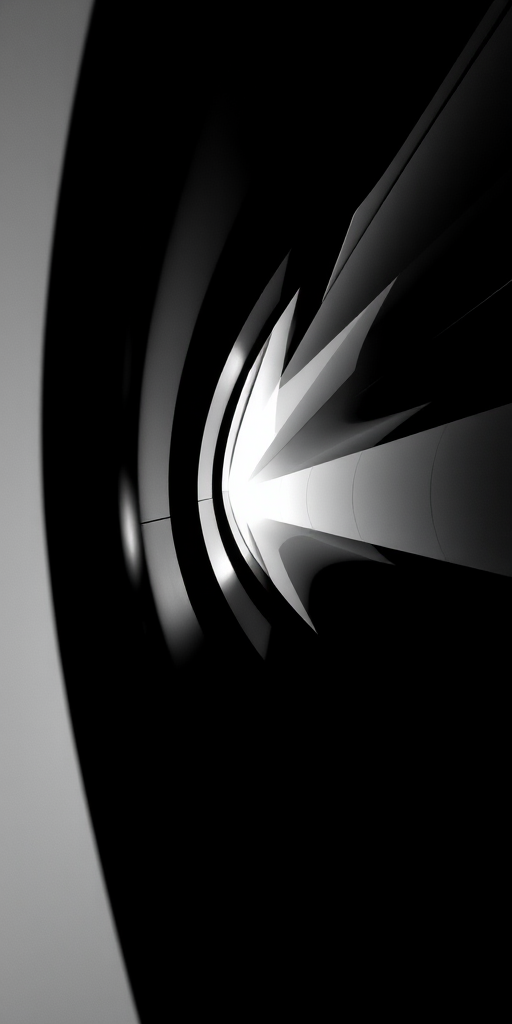 Generate an abstract black and white design with sharp geometric shapes and a contrast of light and dark areas, shot with a DSLR camera at f/8 aperture, ISO 100, 24mm lens, taken from a low angle view to emphasize depth and perspective.