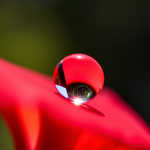 macro shot of a vibrant red flower petal with a crystal-clear water droplet reflecting light, soft bokeh background, using a DSLR camera with a 100mm f/2.8 macro lens, aperture at f/2.8, shutter speed 1/200 sec, ISO 100, natural sunlight for illumination